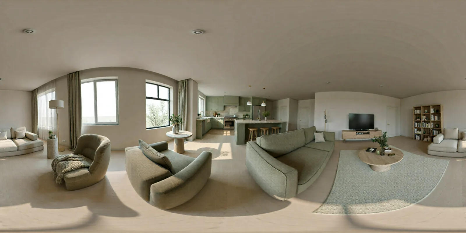 An airy living space with a green kitchen and a sunlit dining area